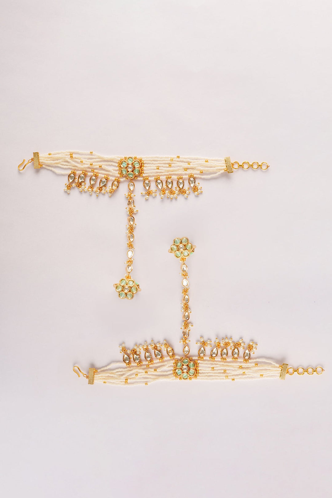 Gold Plated Kundan Hathphools With Polki Hangings Zevar by Geeta - Fabilicious Fashion