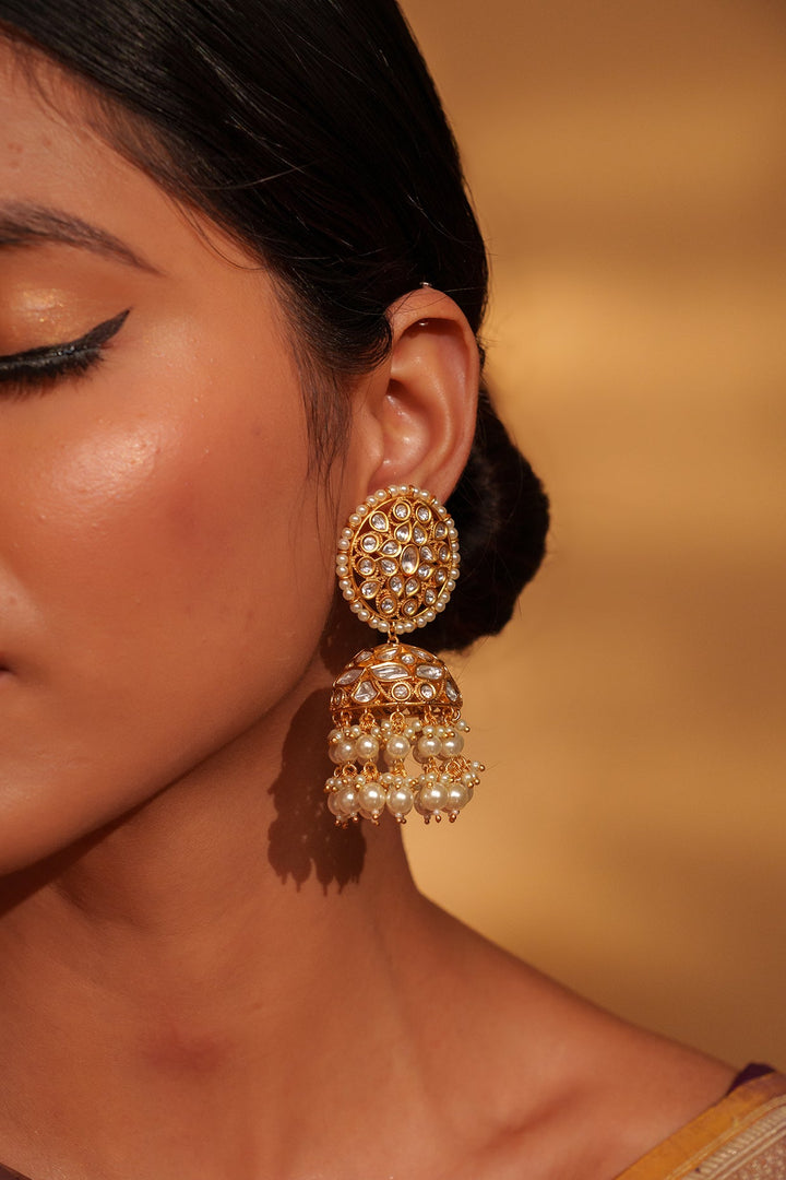 Gold Plated Kundan Jhumki Earrings With Pearl Drop Zevar by Geeta - Fabilicious Fashion