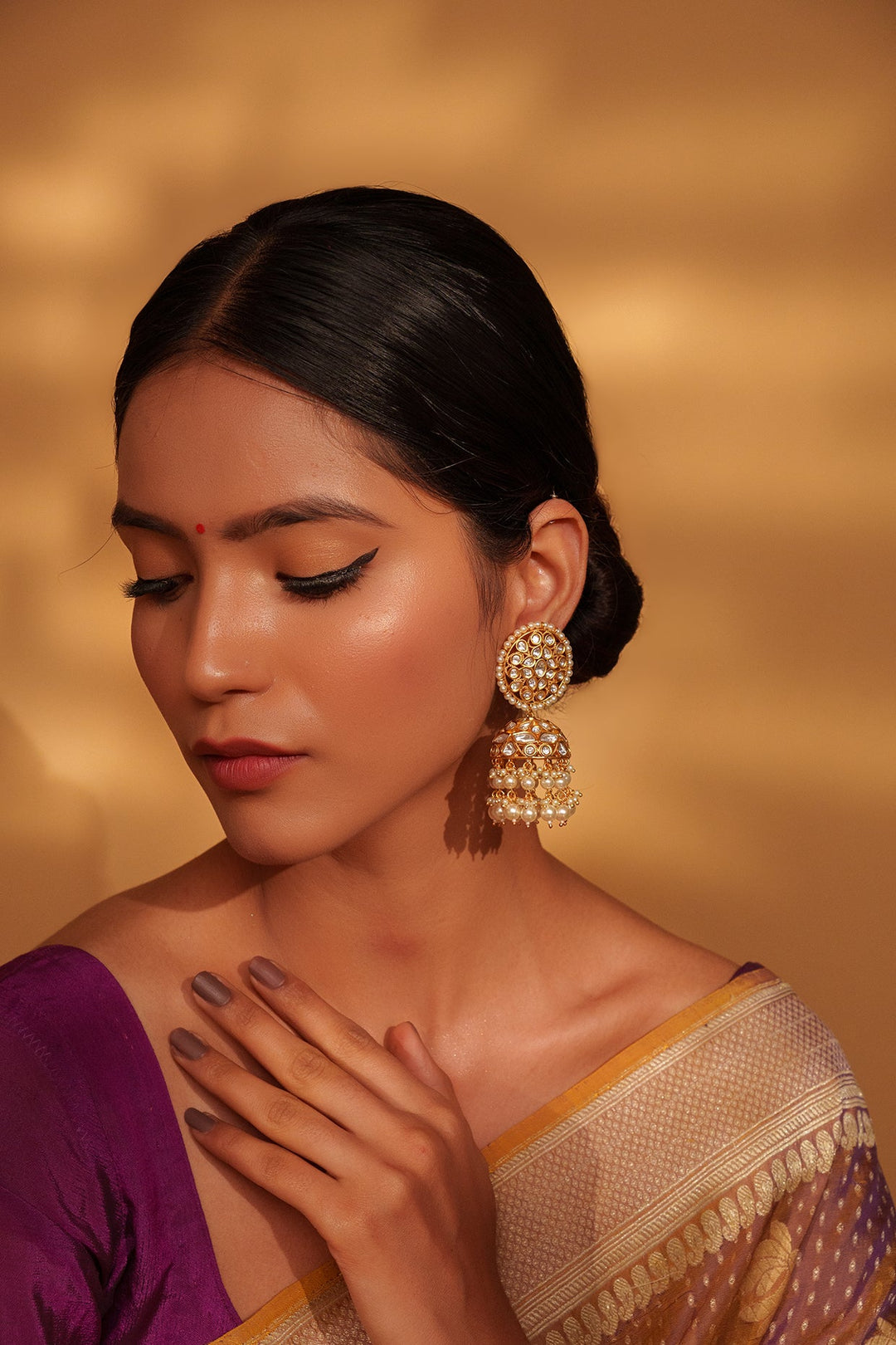 Gold Plated Kundan Jhumki Earrings With Pearl Drop Zevar by Geeta - Fabilicious Fashion