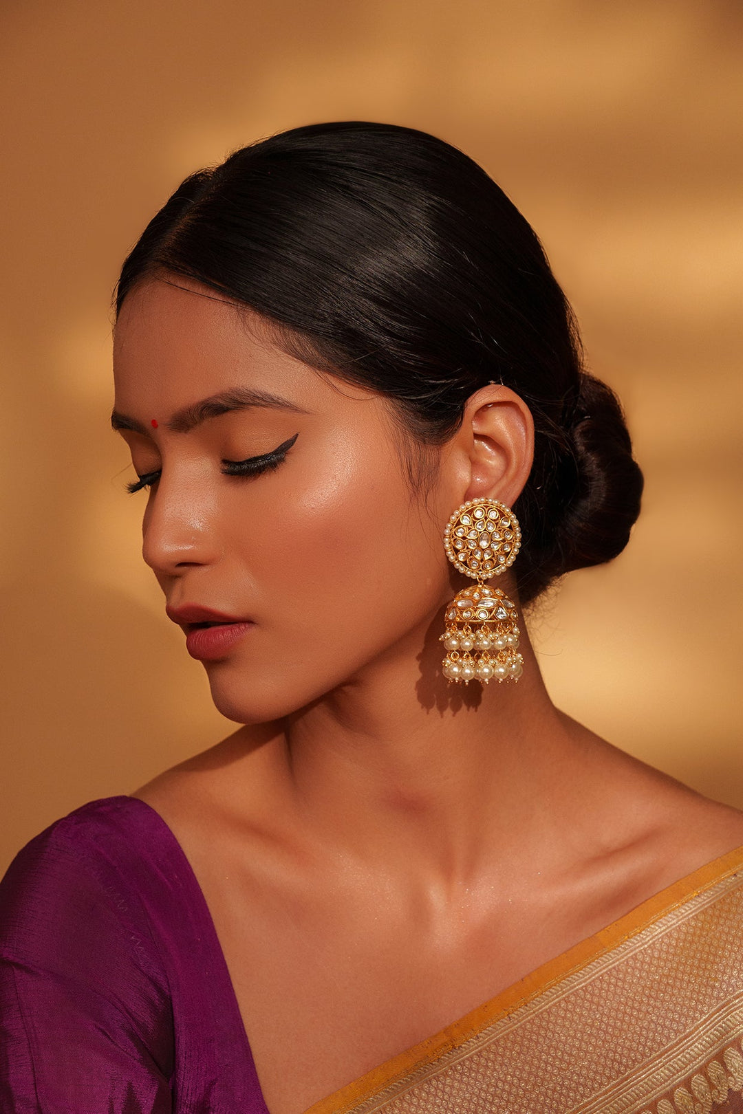 Gold Plated Kundan Jhumki Earrings With Pearl Drop Zevar by Geeta - Fabilicious Fashion