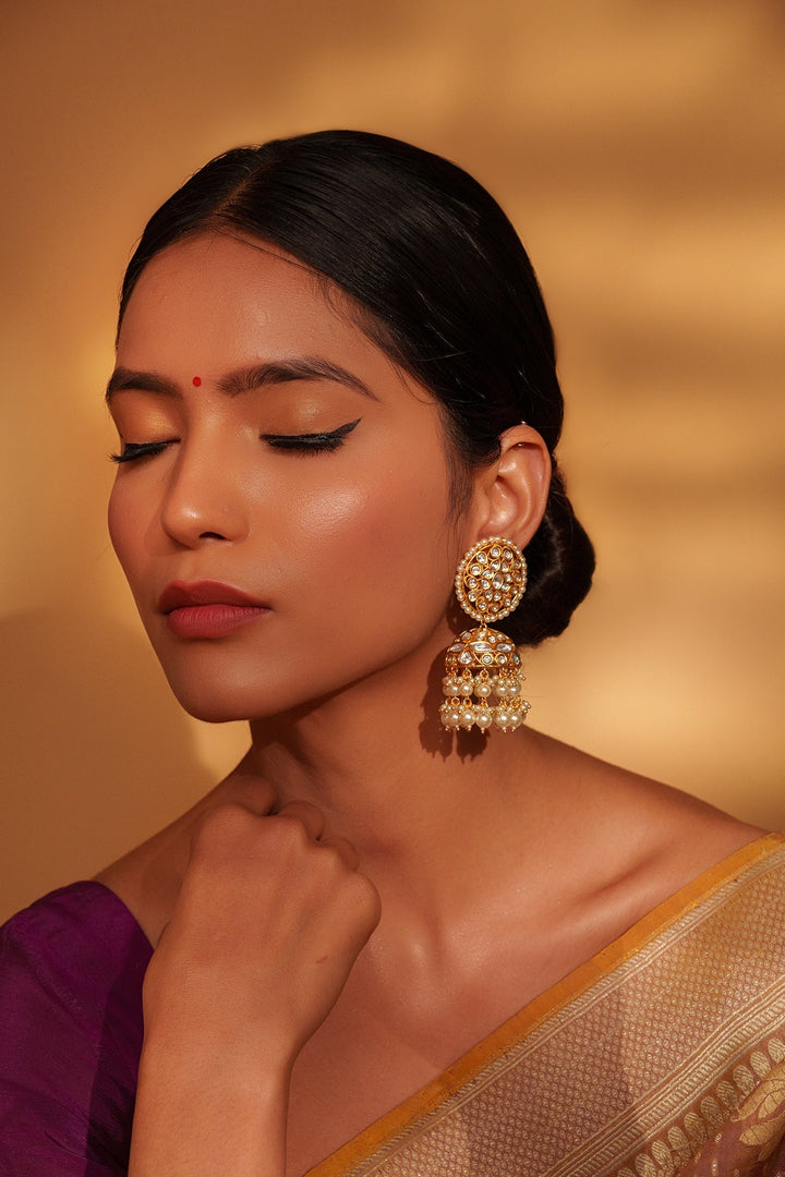 Gold Plated Kundan Jhumki Earrings With Pearl Drop Zevar by Geeta - Fabilicious Fashion