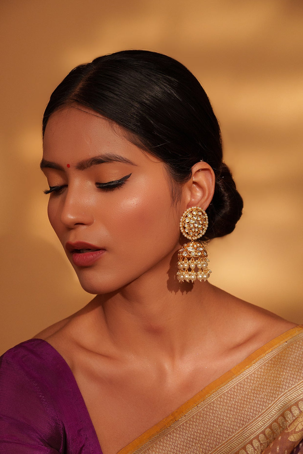 Gold Plated Kundan Jhumki Earrings With Pearl Drop Zevar by Geeta - Fabilicious Fashion