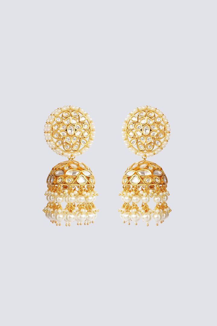 Gold Plated Kundan Jhumki Earrings With Pearl Drop Zevar by Geeta - Fabilicious Fashion