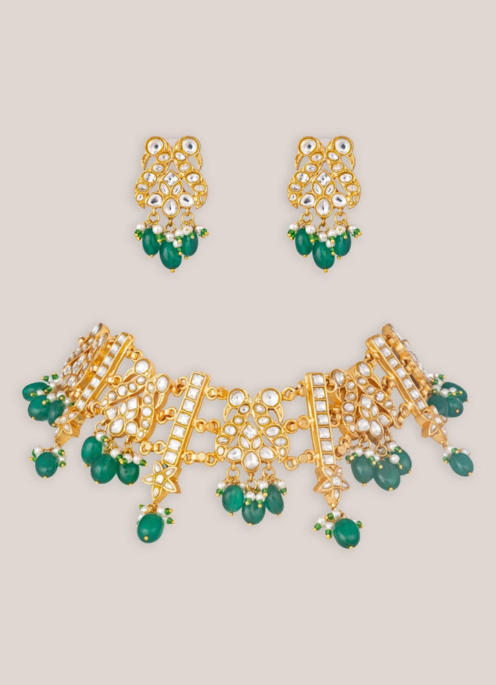 Zevar by Geeta Gold Plated Kundan Necklace Set With Green Pearl DropsFabilicious Fashion