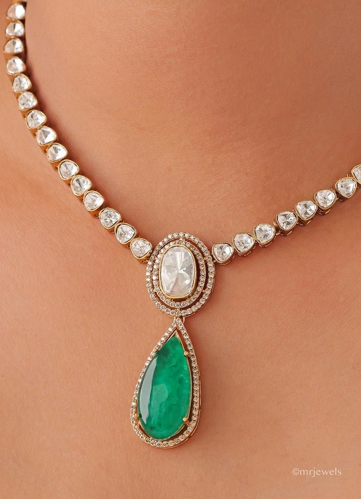 Mr Jewels Gold Plated Kundan Necklace Set With Green Stone DropFabilicious Fashion