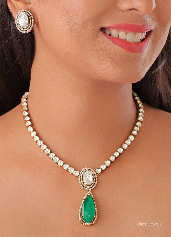 Mr Jewels Gold Plated Kundan Necklace Set With Green Stone DropFabilicious Fashion