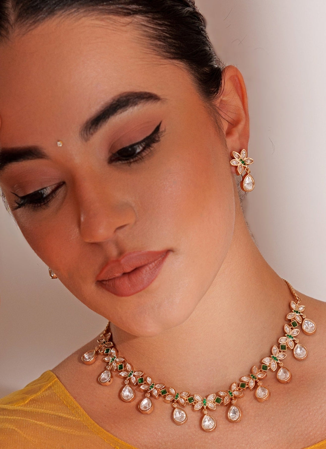 Gold Plated Kundan Necklace Set With Green Stone Zevar by Geeta - Fabilicious Fashion