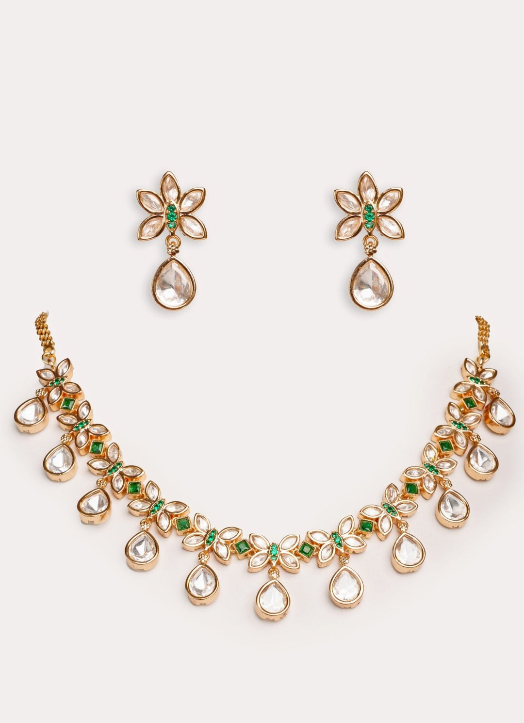 Gold Plated Kundan Necklace Set With Green Stone Zevar by Geeta - Fabilicious Fashion