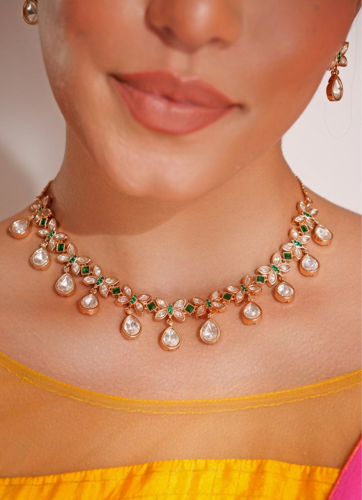 Gold Plated Kundan Necklace Set With Green Stone Zevar by Geeta - Fabilicious Fashion