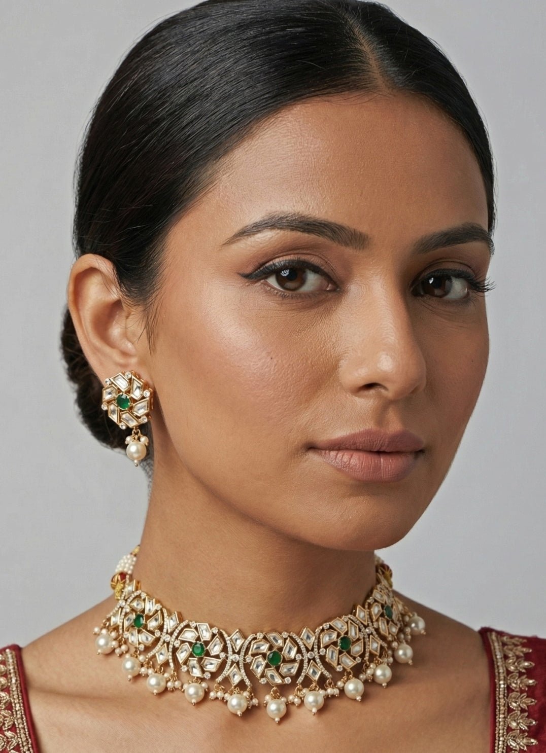 Gold Plated Kundan Necklace Set With Green Stones And Pearls Zevar by Geeta - Fabilicious Fashion