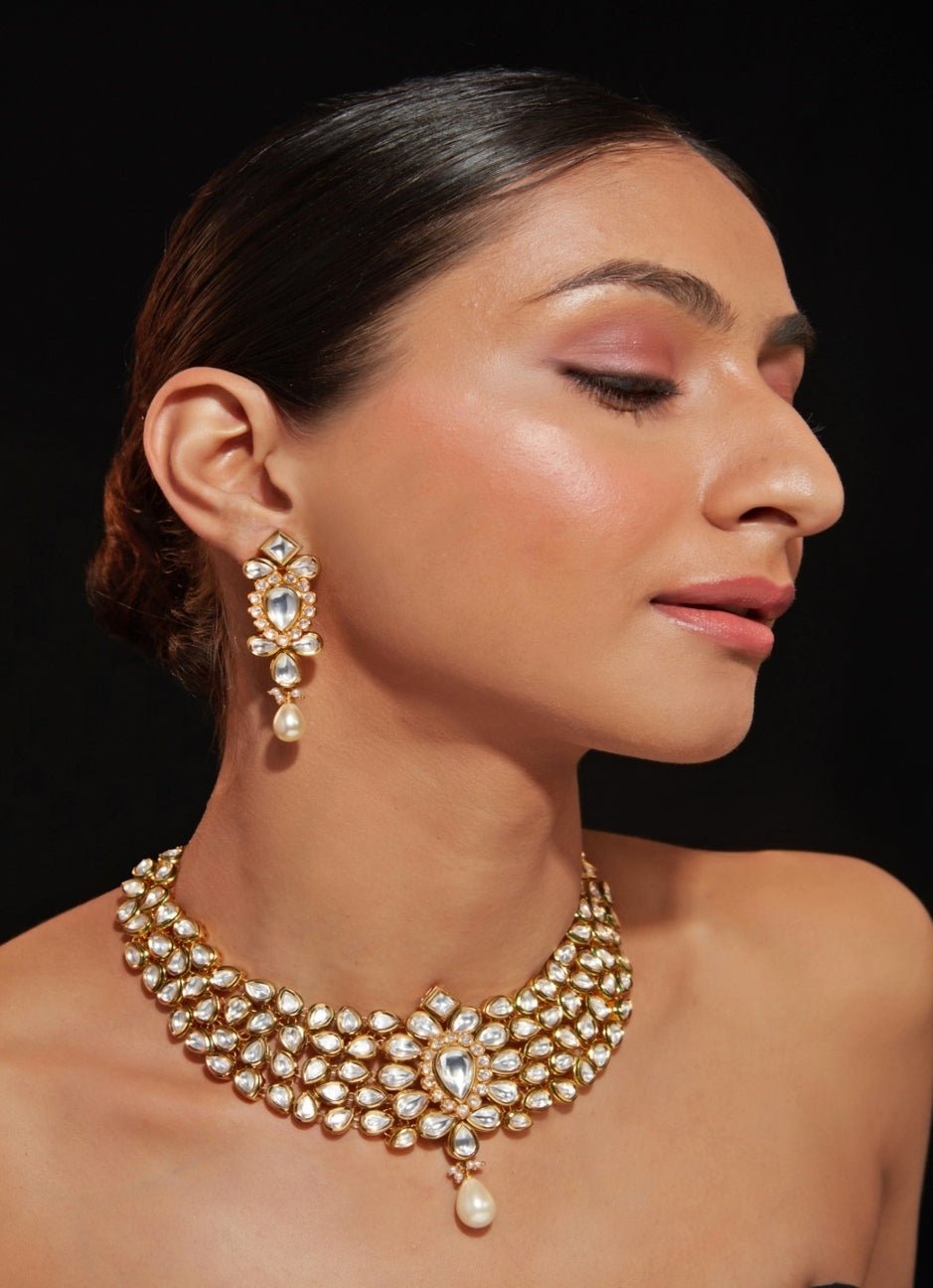 Gold Plated Kundan Necklace Set With Pearl Drop Vivinia by Vidhi Mehra - Fabilicious Fashion