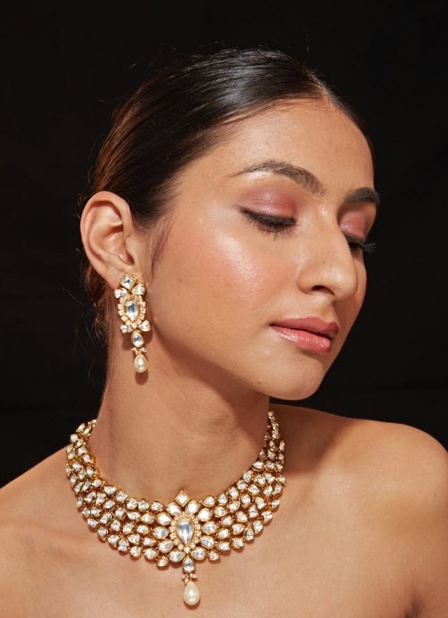 Gold Plated Kundan Necklace Set With Pearl Drop Vivinia by Vidhi Mehra - Fabilicious Fashion