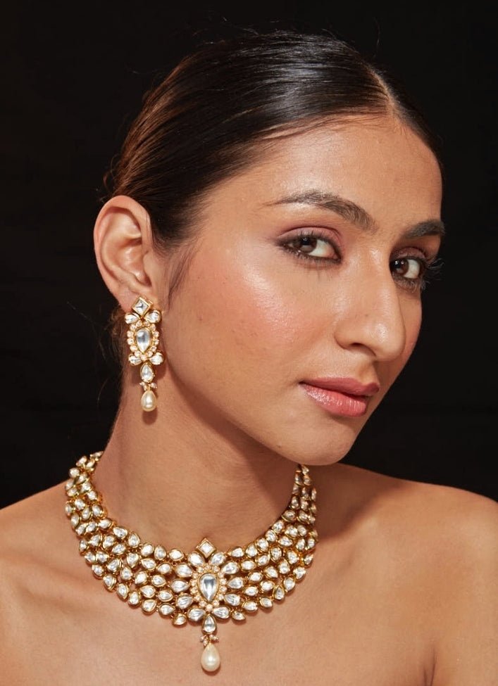 Gold Plated Kundan Necklace Set With Pearl Drop Vivinia by Vidhi Mehra - Fabilicious Fashion
