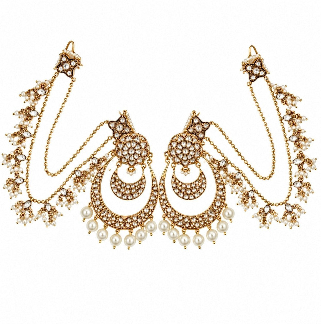 Vivinia By Vidhi Mehra Gold Plated Kundan Pearl Chandbali With Ear ChainsFabilicious Fashion