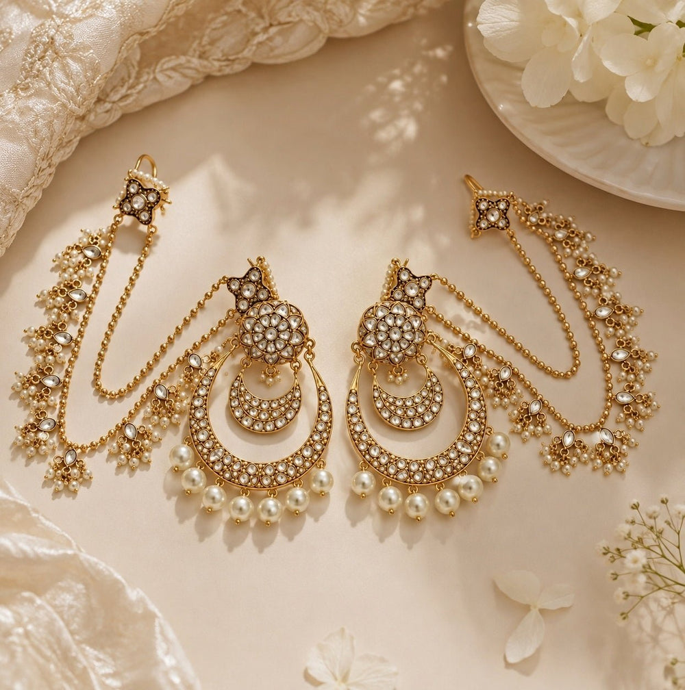 Vivinia By Vidhi Mehra Gold Plated Kundan Pearl Chandbali With Ear ChainsFabilicious Fashion