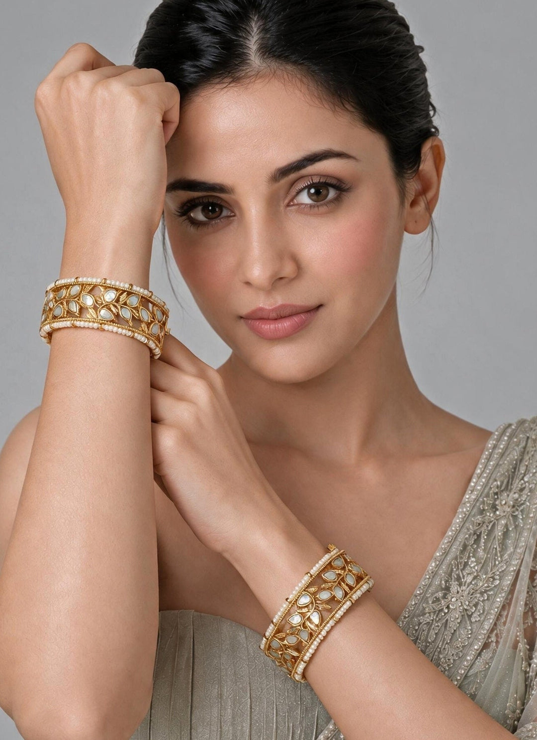 Vivinia By Vidhi Mehra Gold Plated Kundan Pearl Leaf BanglesFabilicious Fashion