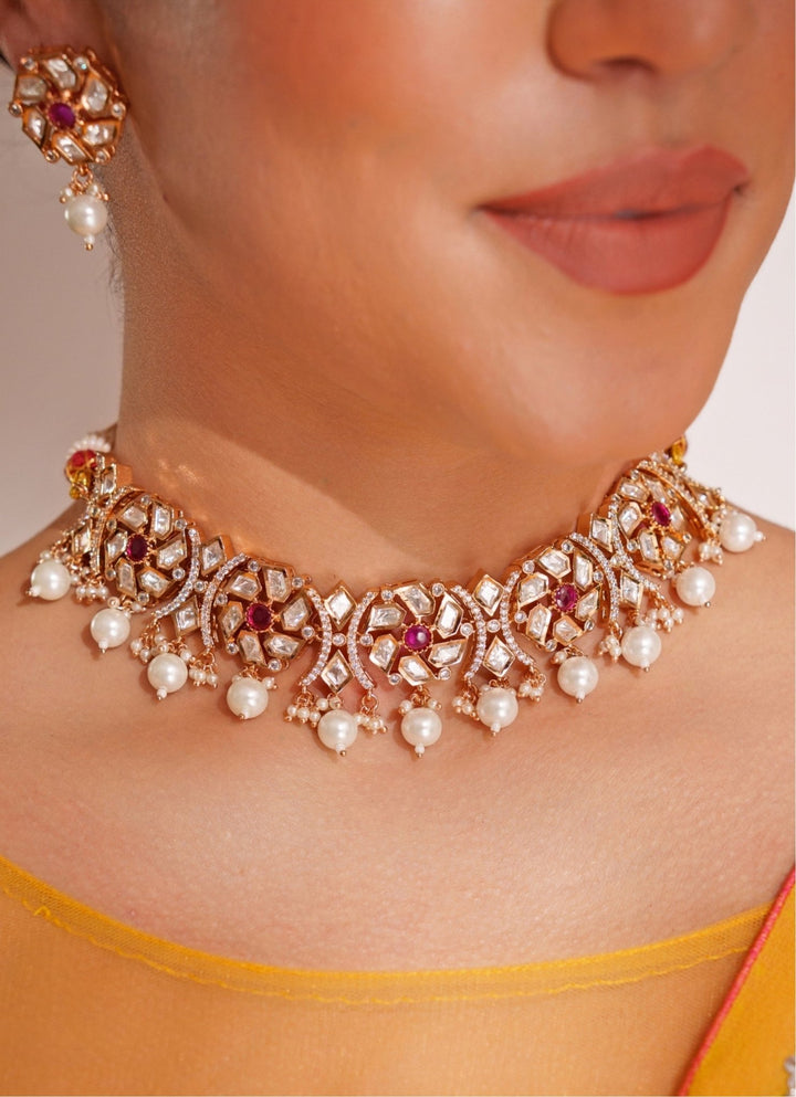 Gold Plated Kundan & Pink Stone Choker Set With Pearl Drops Zevar by Geeta - Fabilicious Fashion