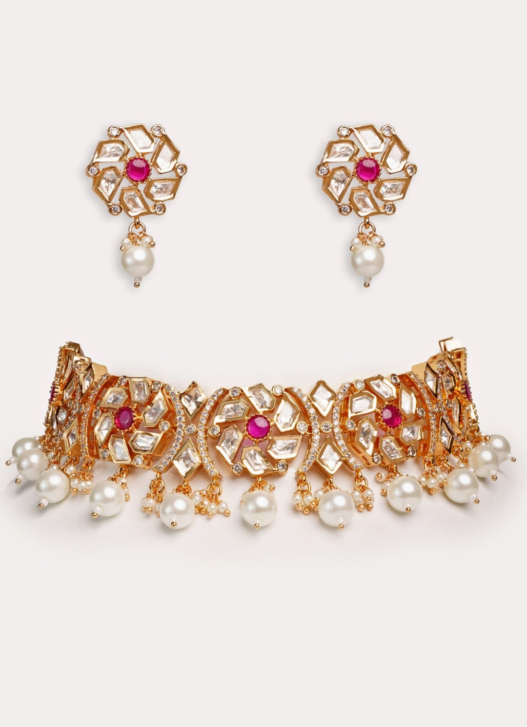 Gold Plated Kundan & Pink Stone Choker Set With Pearl Drops Zevar by Geeta - Fabilicious Fashion