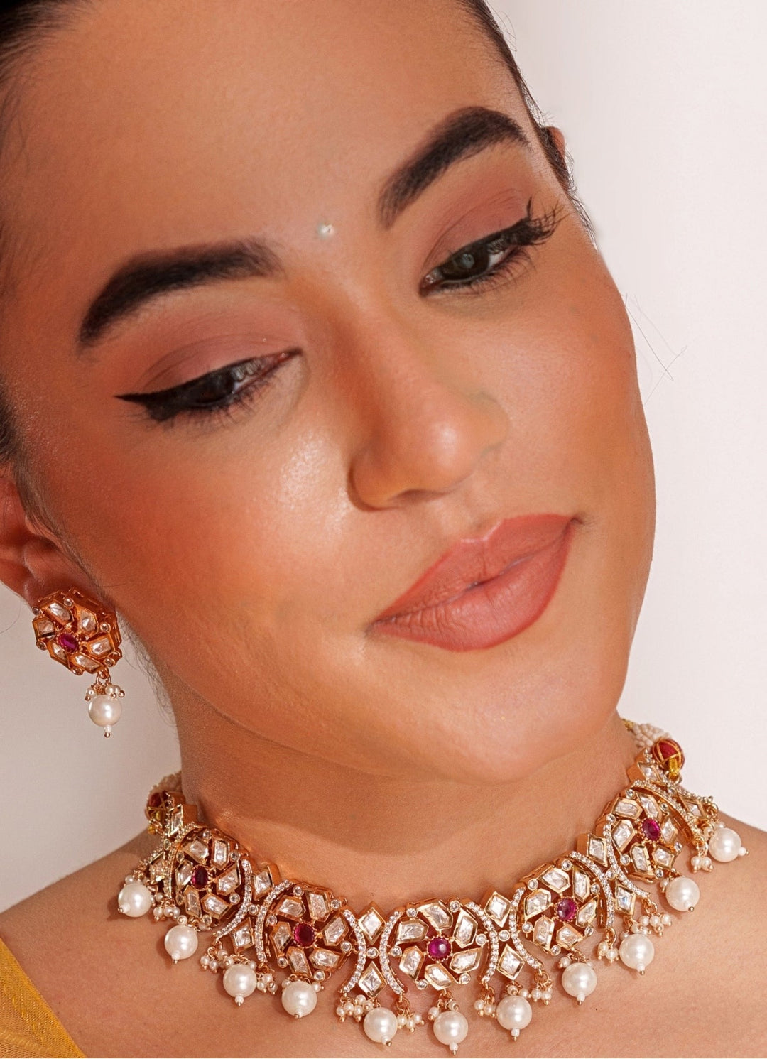 Gold Plated Kundan & Pink Stone Choker Set With Pearl Drops Zevar by Geeta - Fabilicious Fashion