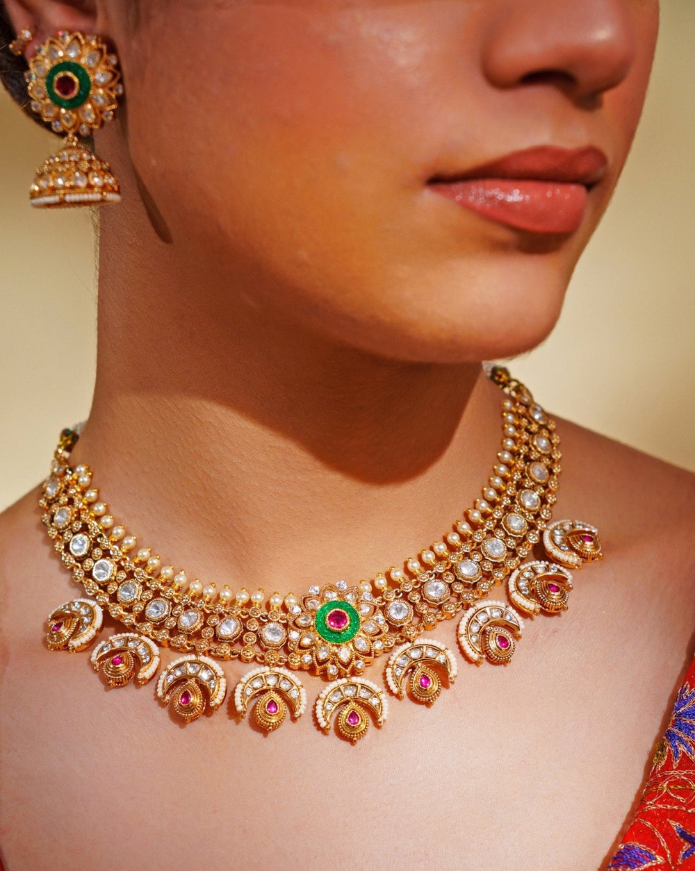 Gold Plated Kundan Polki And Green Necklace Set Zevar by Geeta - Fabilicious Fashion