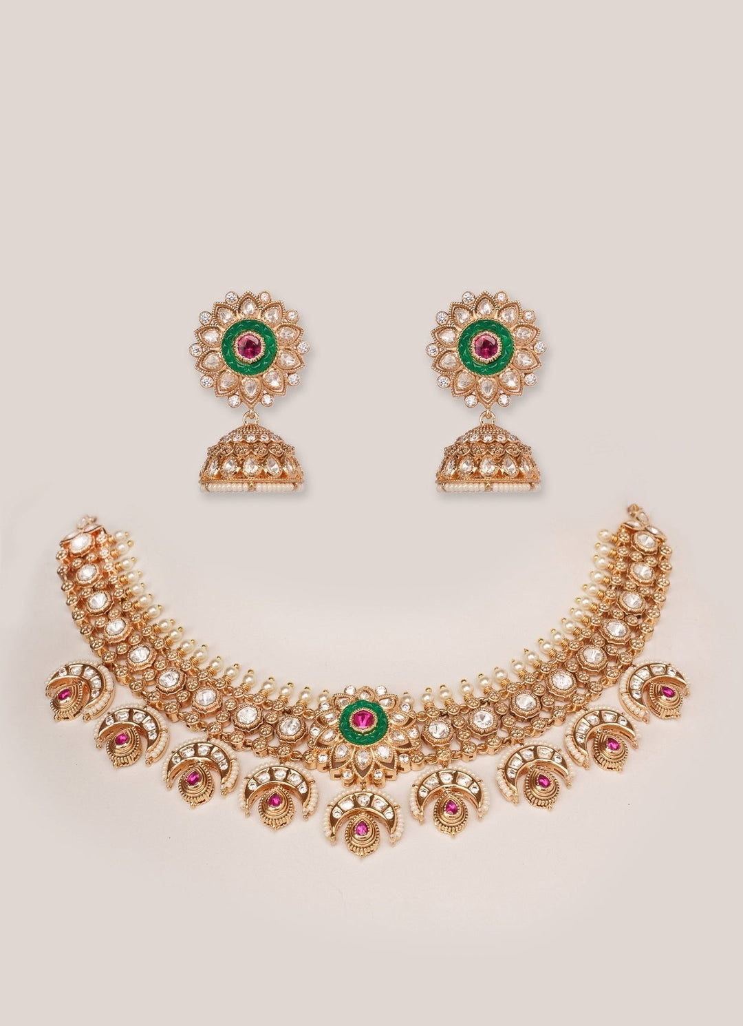 Gold Plated Kundan Polki And Green Necklace Set Zevar by Geeta - Fabilicious Fashion