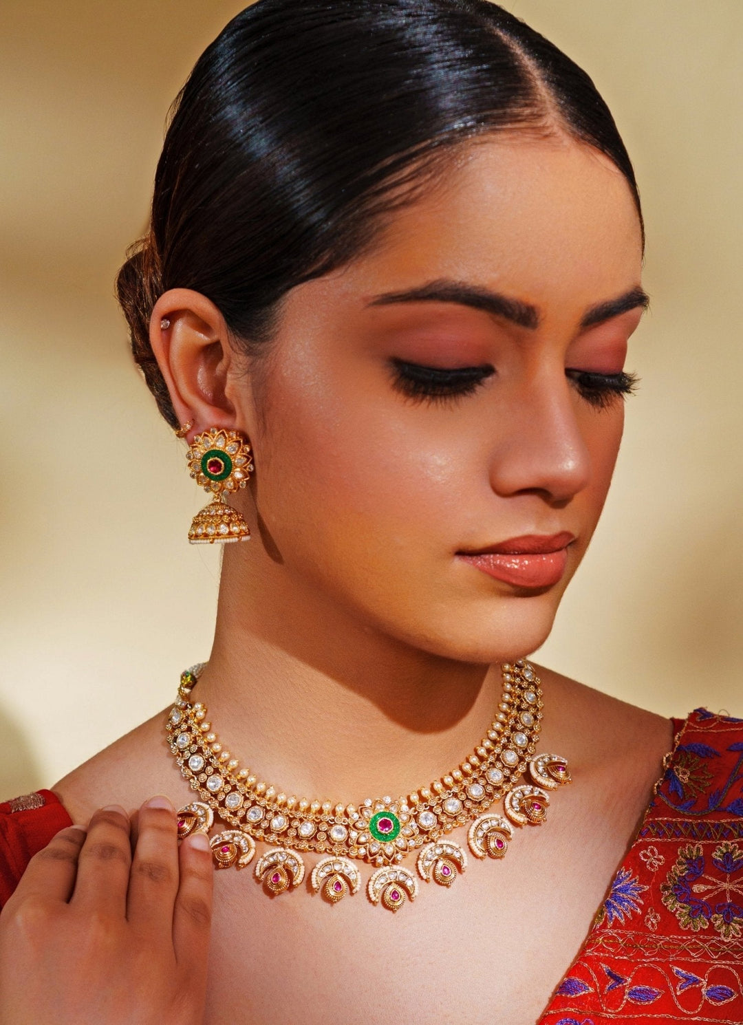 Gold Plated Kundan Polki And Green Necklace Set Zevar by Geeta - Fabilicious Fashion