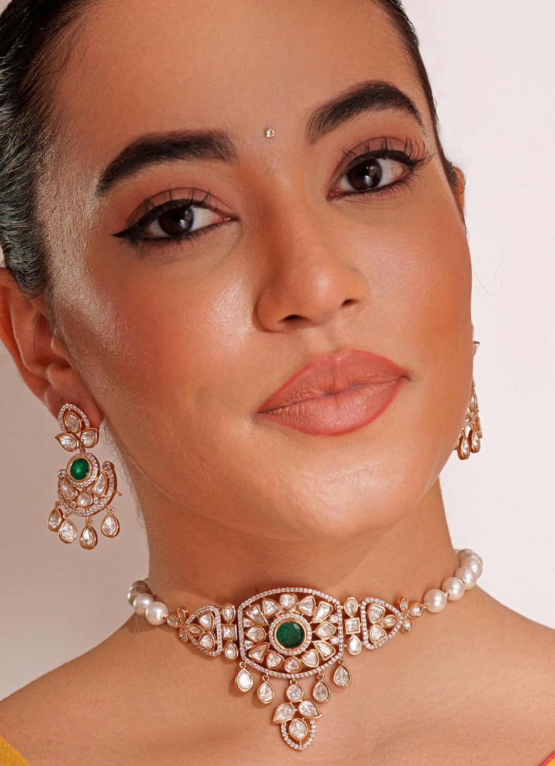 Gold Plated Kundan Polki And Green Stone Choker Set Zevar by Geeta - Fabilicious Fashion