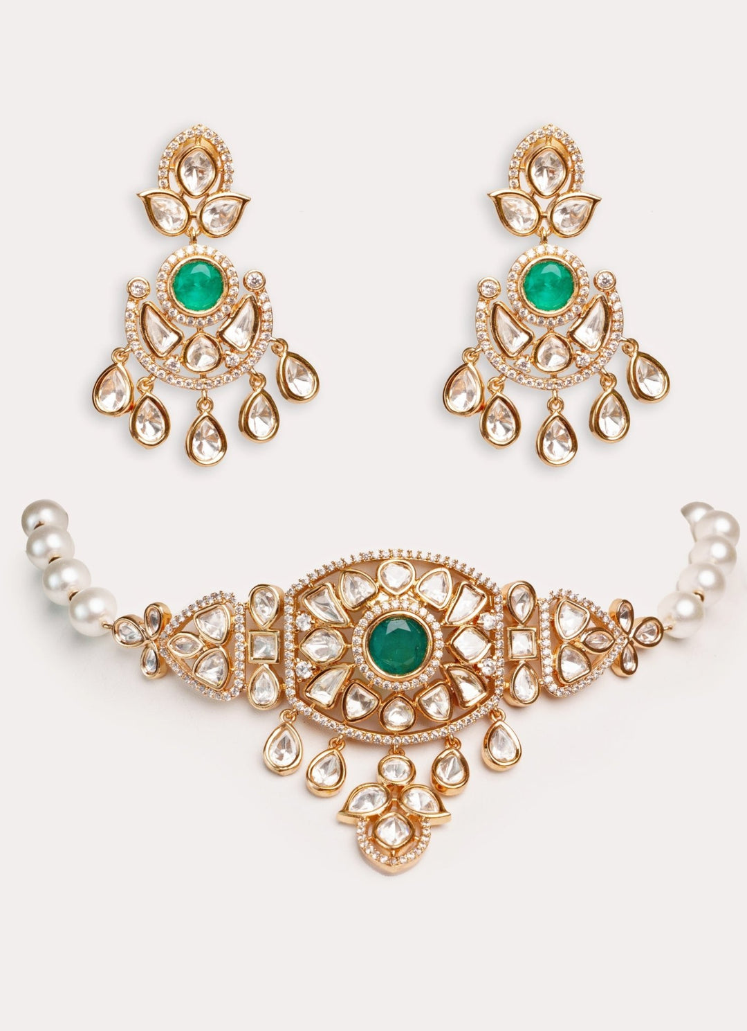 Gold Plated Kundan Polki And Green Stone Choker Set Zevar by Geeta - Fabilicious Fashion