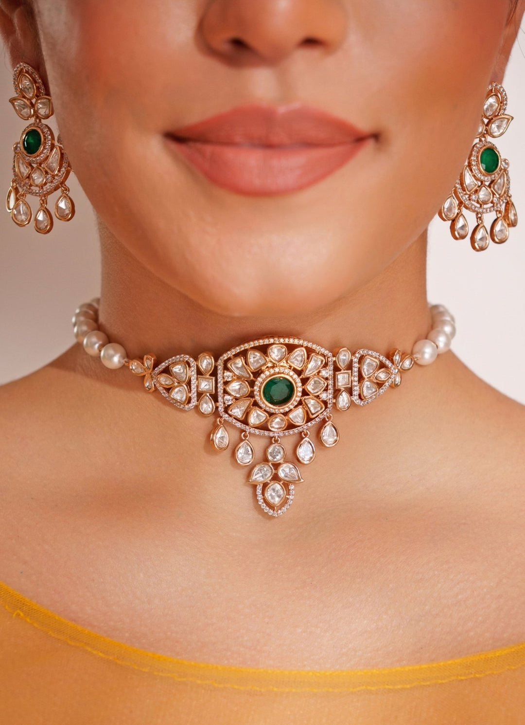 Gold Plated Kundan Polki And Green Stone Choker Set Zevar by Geeta - Fabilicious Fashion