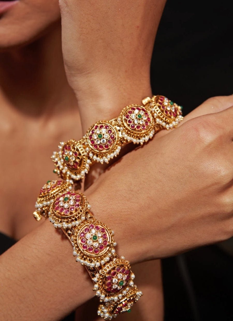 Gold Plated Kundan Polki And Multicoloured Stone Bangle Set Vivinia by Vidhi Mehra - Fabilicious Fashion