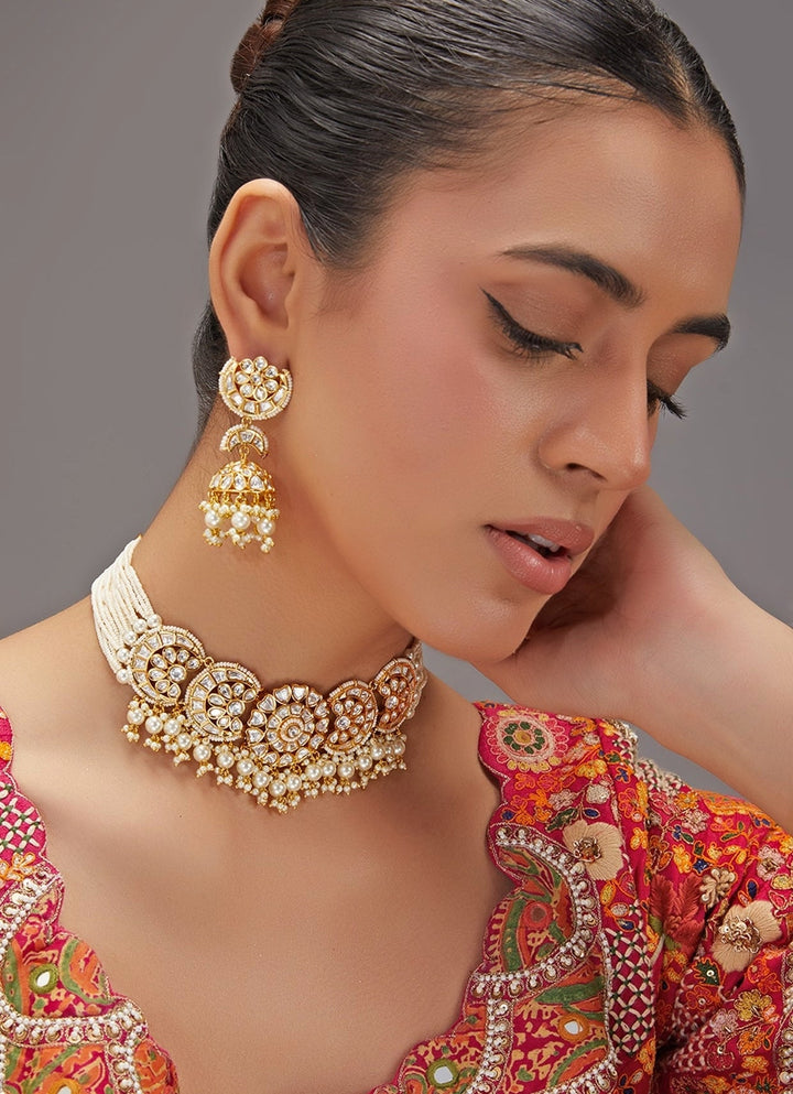 Gold Plated Kundan Polki And Pearl Choker Necklace Set Zevar by Geeta - Fabilicious Fashion