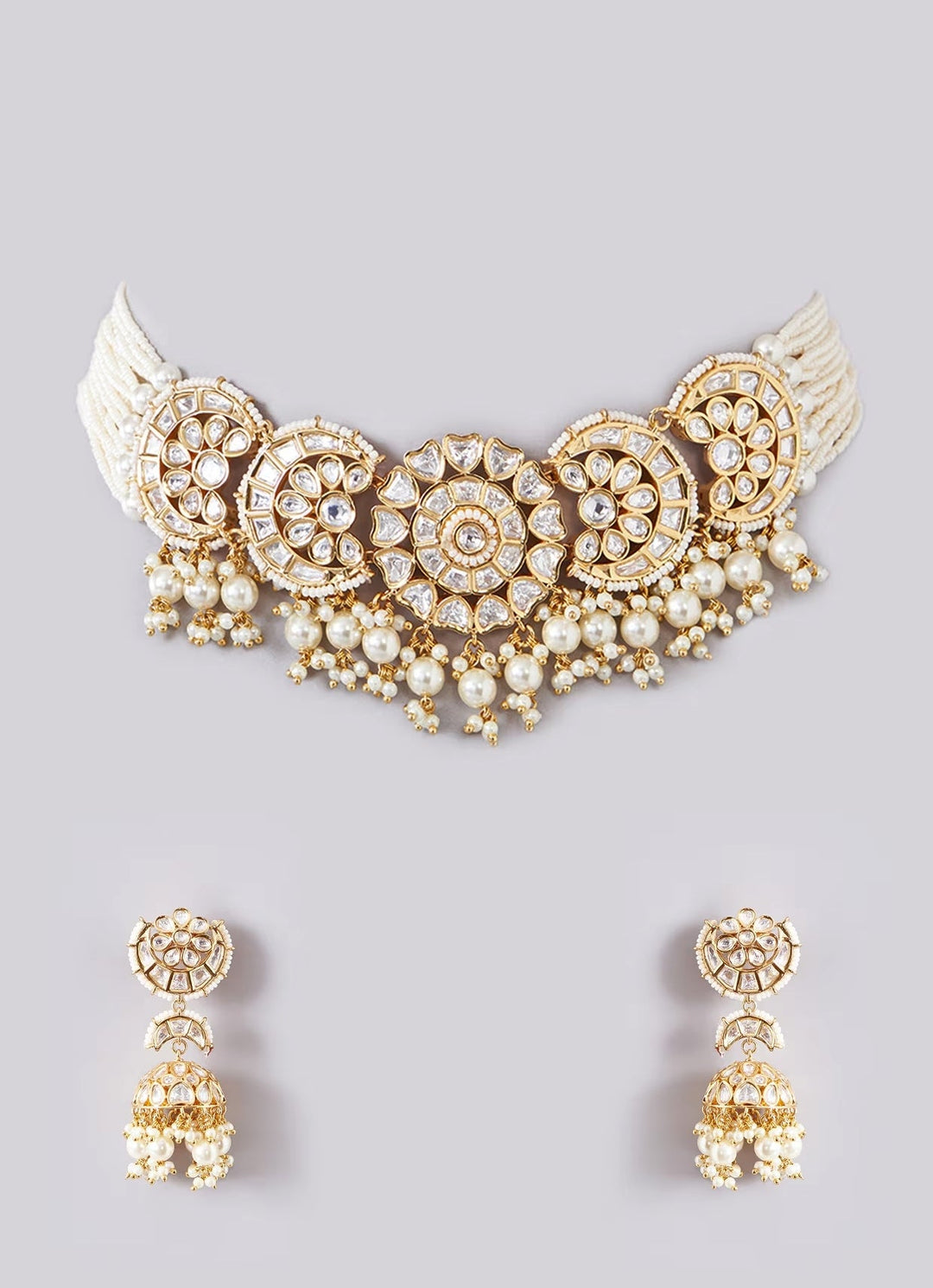 Gold Plated Kundan Polki And Pearl Choker Necklace Set Zevar by Geeta - Fabilicious Fashion