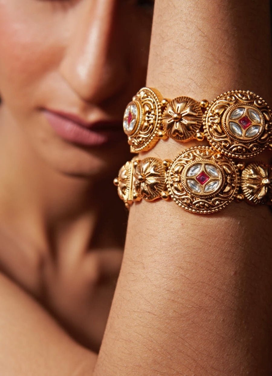 Gold Plated Kundan Polki And Pink Stone Bangle Set Vivinia by Vidhi Mehra - Fabilicious Fashion