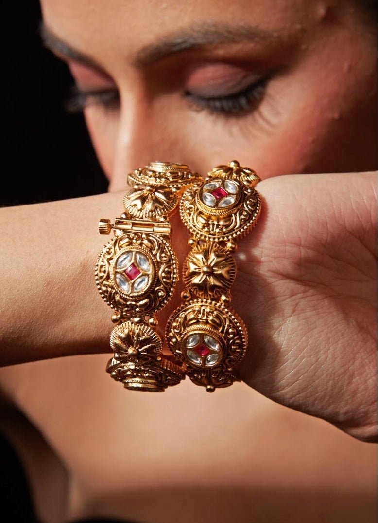 Gold Plated Kundan Polki And Pink Stone Bangle Set Vivinia by Vidhi Mehra - Fabilicious Fashion