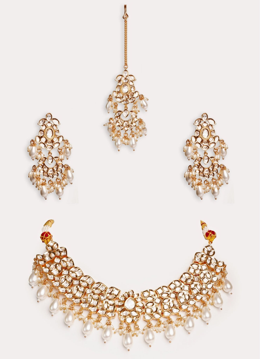 Gold Plated Kundan Polki & Bead Necklace Set With Maangtikka Zevar by Geeta - Fabilicious Fashion