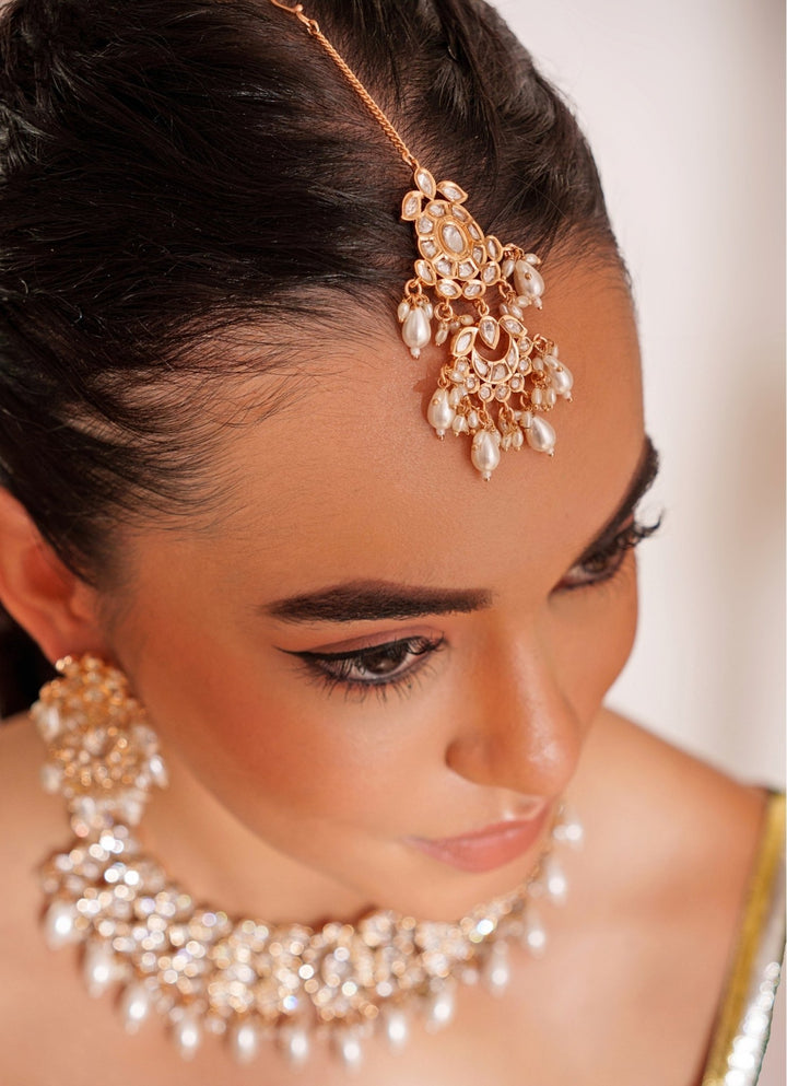 Gold Plated Kundan Polki & Bead Necklace Set With Maangtikka Zevar by Geeta - Fabilicious Fashion