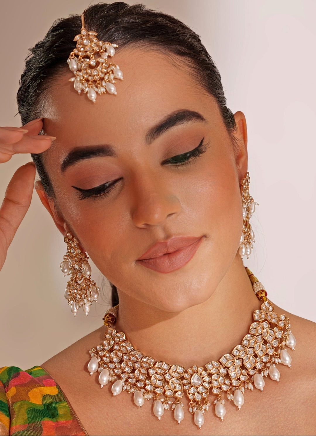 Gold Plated Kundan Polki & Bead Necklace Set With Maangtikka Zevar by Geeta - Fabilicious Fashion