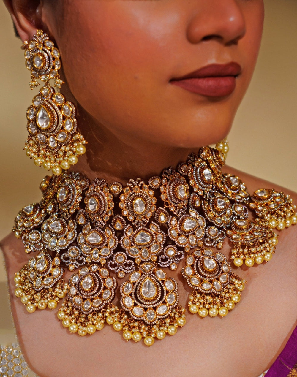Gold Plated Kundan Polki Bridal Choker Necklace Set Zevar by Geeta - Fabilicious Fashion