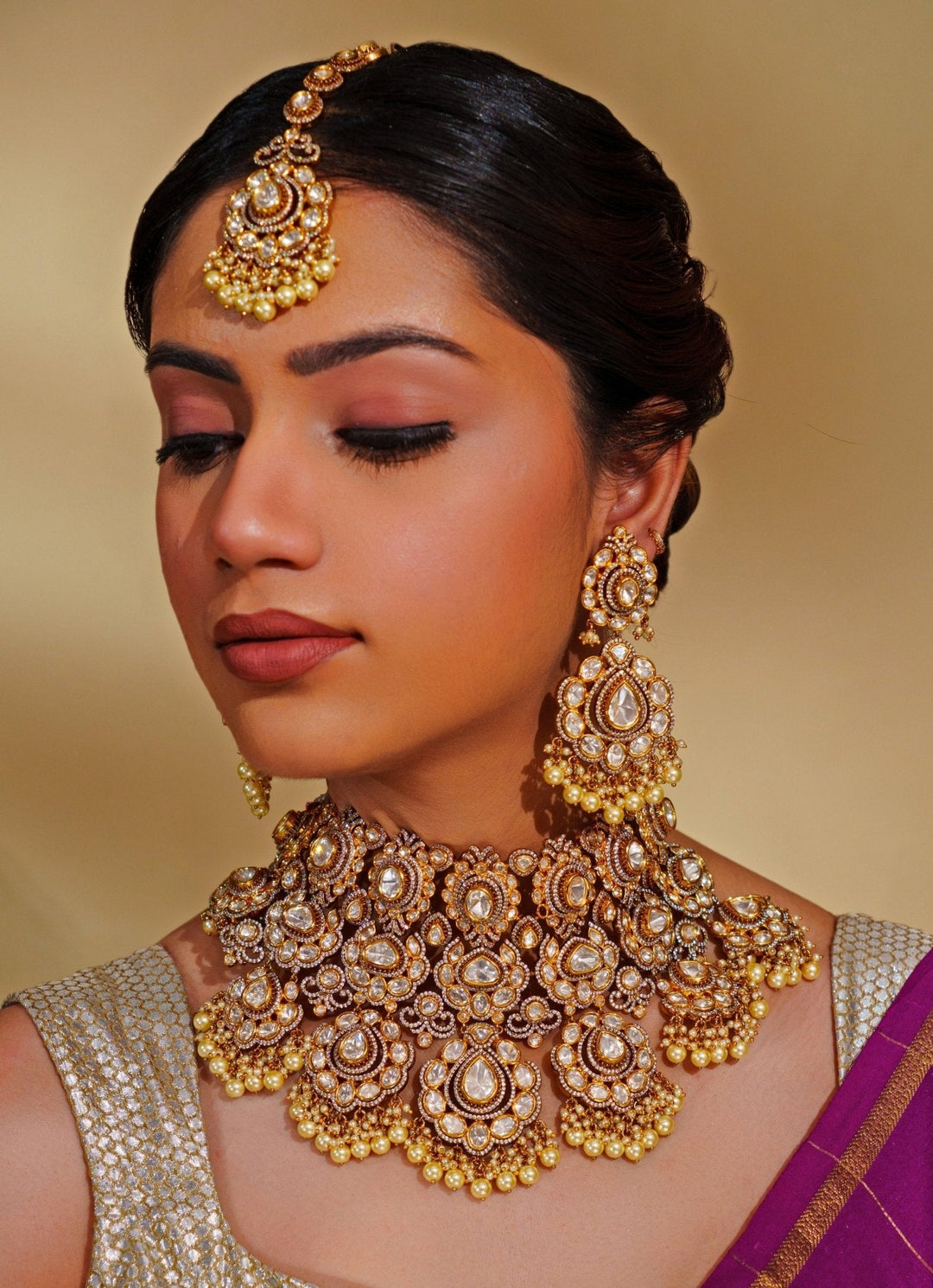 Gold Plated Kundan Polki Bridal Choker Necklace Set Zevar by Geeta - Fabilicious Fashion