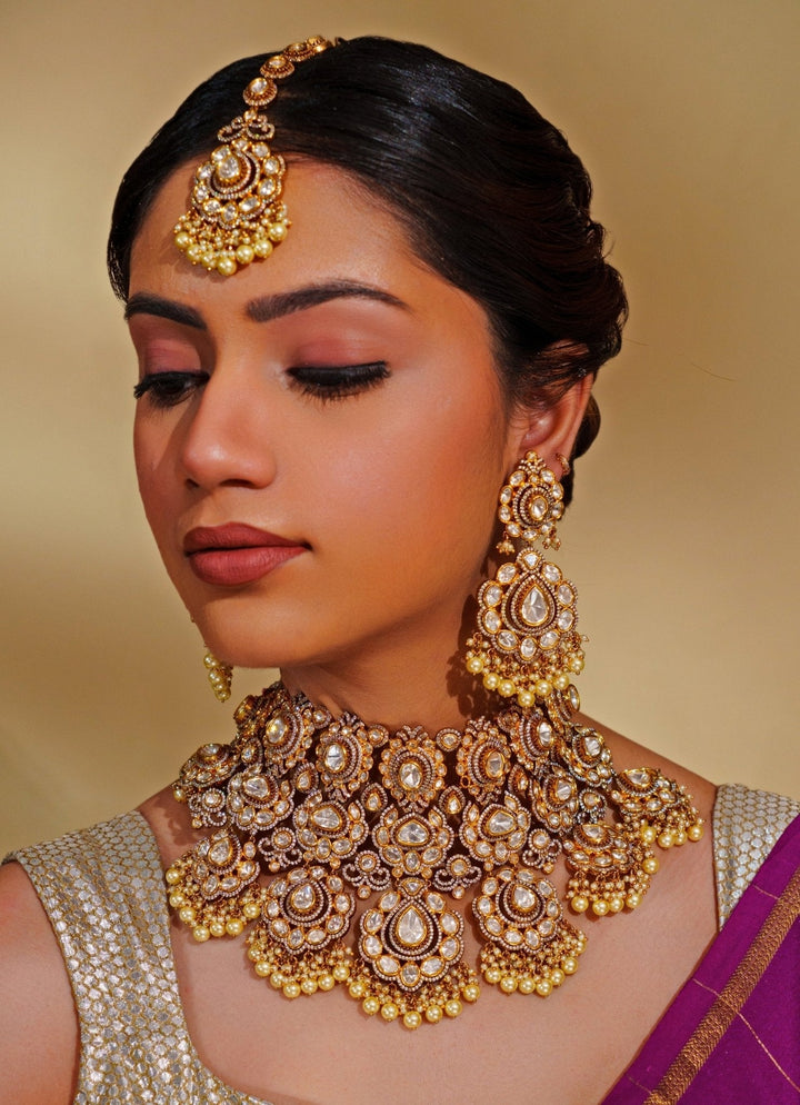 Gold Plated Kundan Polki Bridal Choker Necklace Set Zevar by Geeta - Fabilicious Fashion