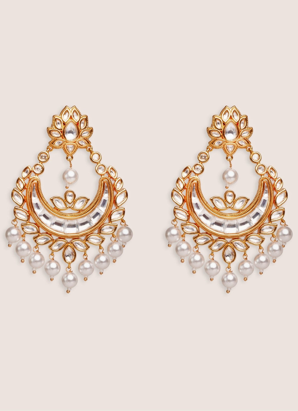 Gold Plated Kundan Polki Chandbali Earrings With White Beads Zevar by Geeta - Fabilicious Fashion