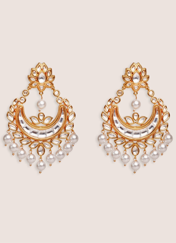 Gold Plated Kundan Polki Chandbali Earrings With White Beads Zevar by Geeta - Fabilicious Fashion