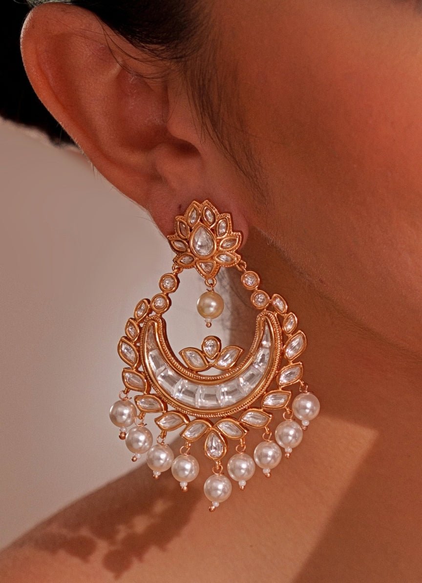 Gold Plated Kundan Polki Chandbali Earrings With White Beads Zevar by Geeta - Fabilicious Fashion
