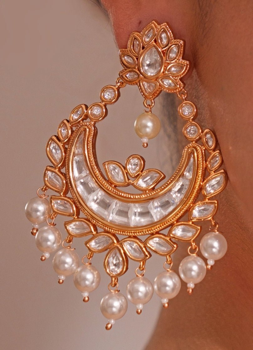 Gold Plated Kundan Polki Chandbali Earrings With White Beads Zevar by Geeta - Fabilicious Fashion