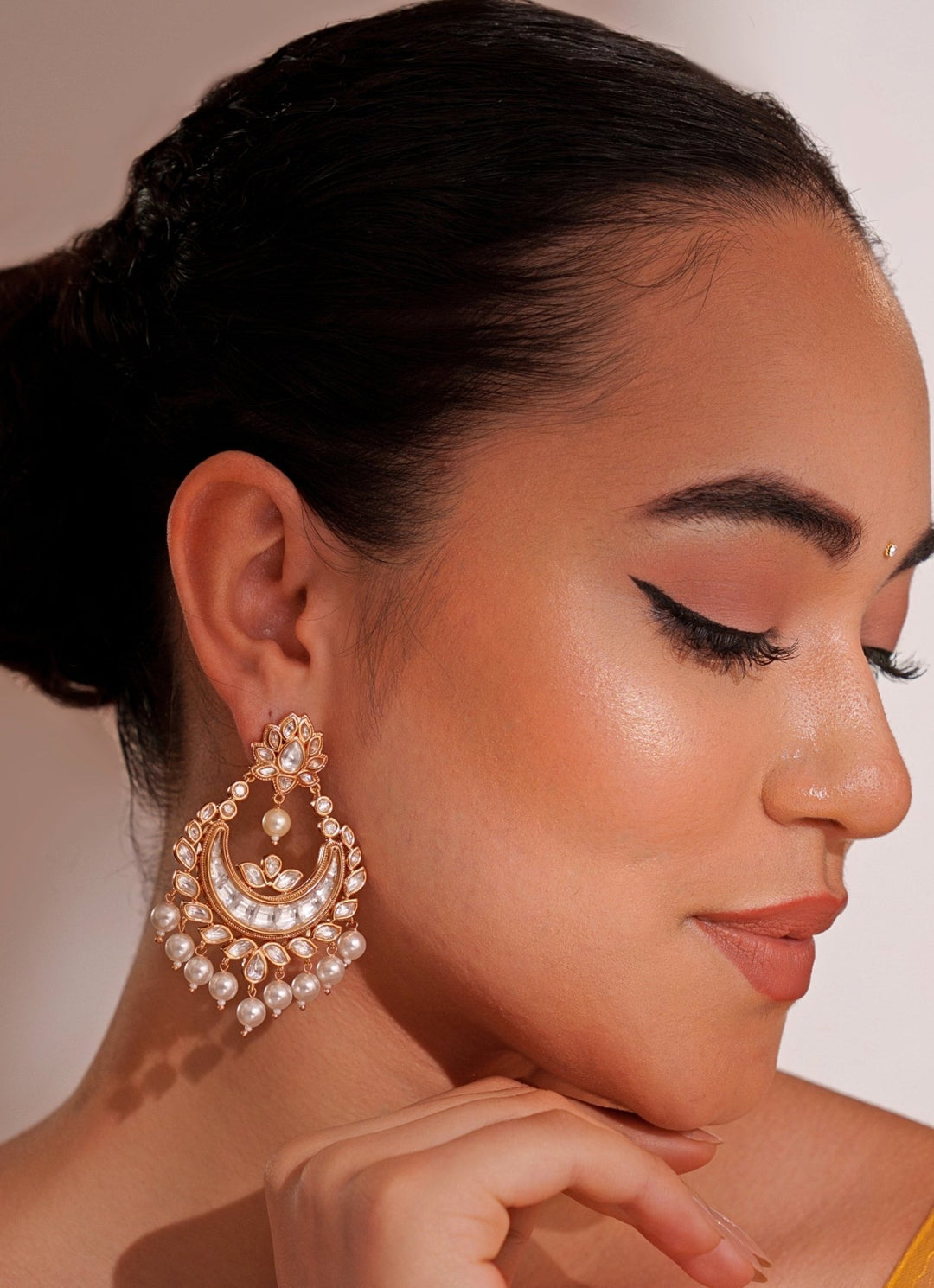 Gold Plated Kundan Polki Chandbali Earrings With White Beads Zevar by Geeta - Fabilicious Fashion