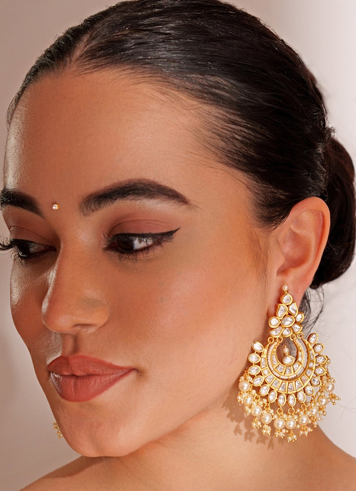 Gold Plated Kundan Polki Chandbali Earrings Zevar by Geeta - Fabilicious Fashion