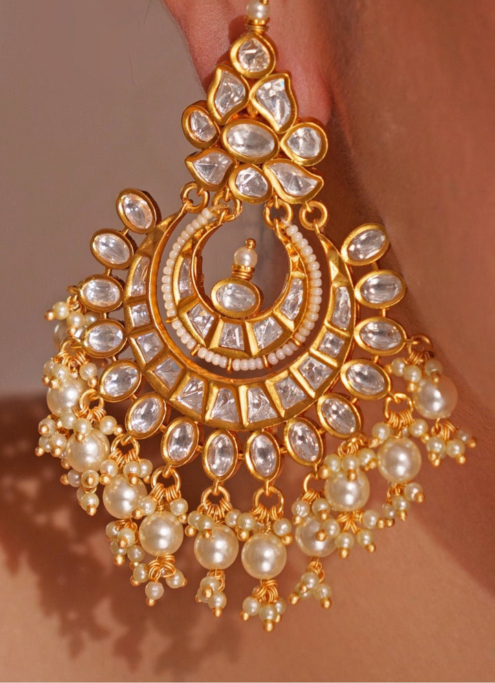 Gold Plated Kundan Polki Chandbali Earrings Zevar by Geeta - Fabilicious Fashion