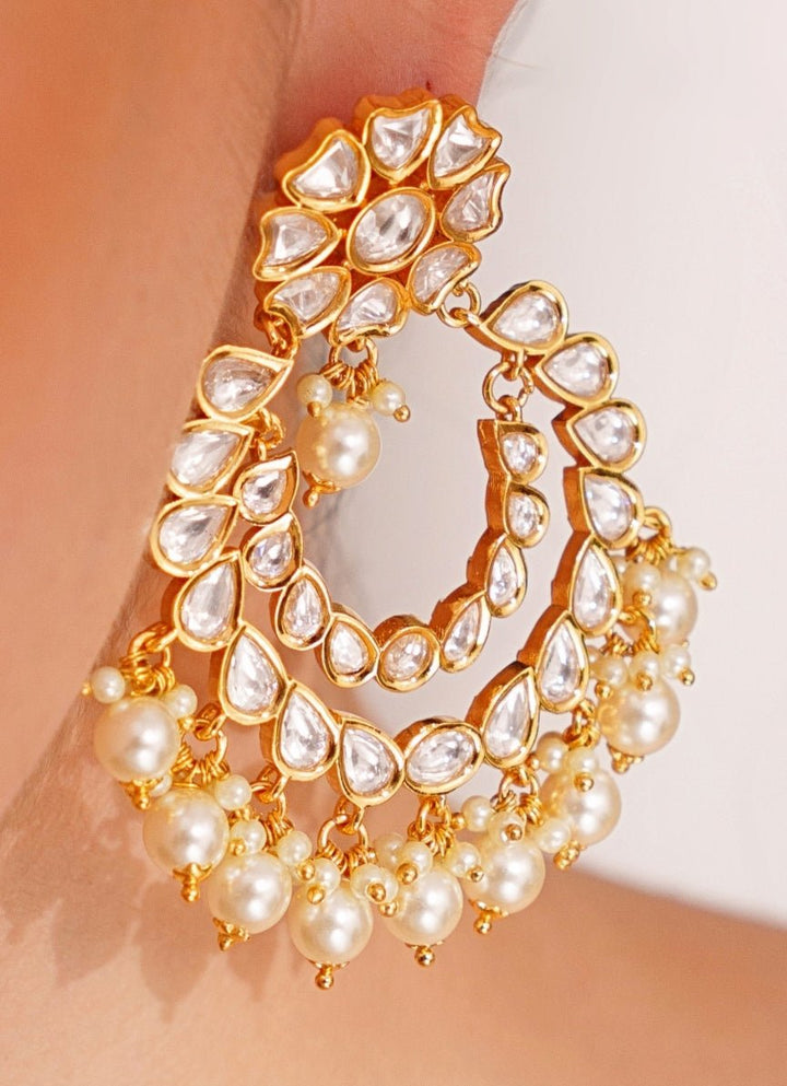 Gold Plated Kundan Polki Chandbali Earrings Zevar by Geeta - Fabilicious Fashion