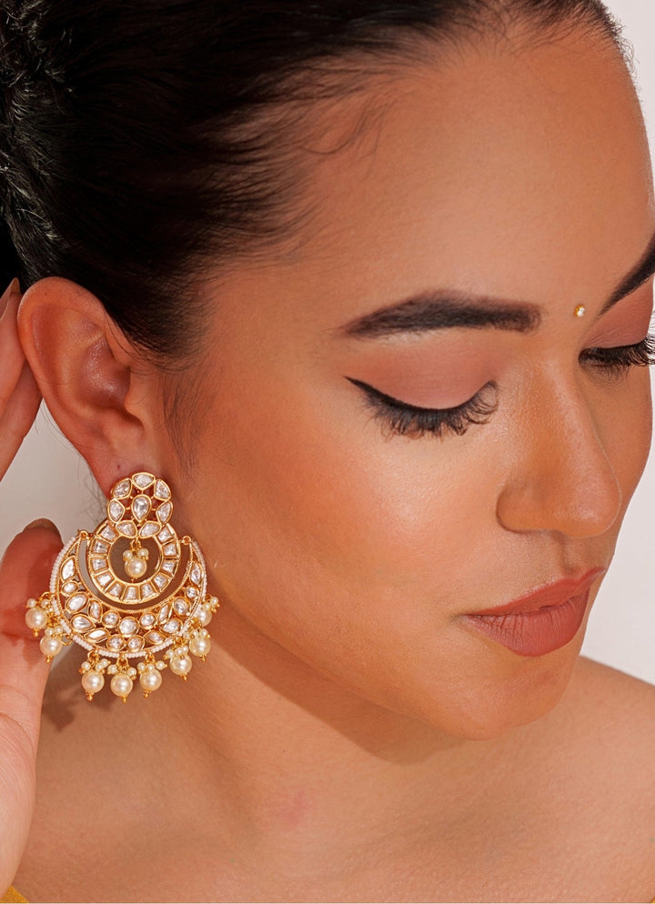 Gold Plated Kundan Polki Chandbali Earrings Zevar by Geeta - Fabilicious Fashion