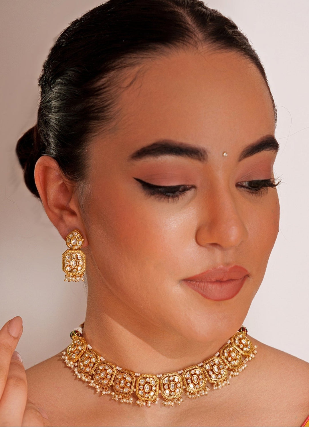 Gold Plated Kundan Polki Choker Set With Bead Hangings Zevar by Geeta - Fabilicious Fashion